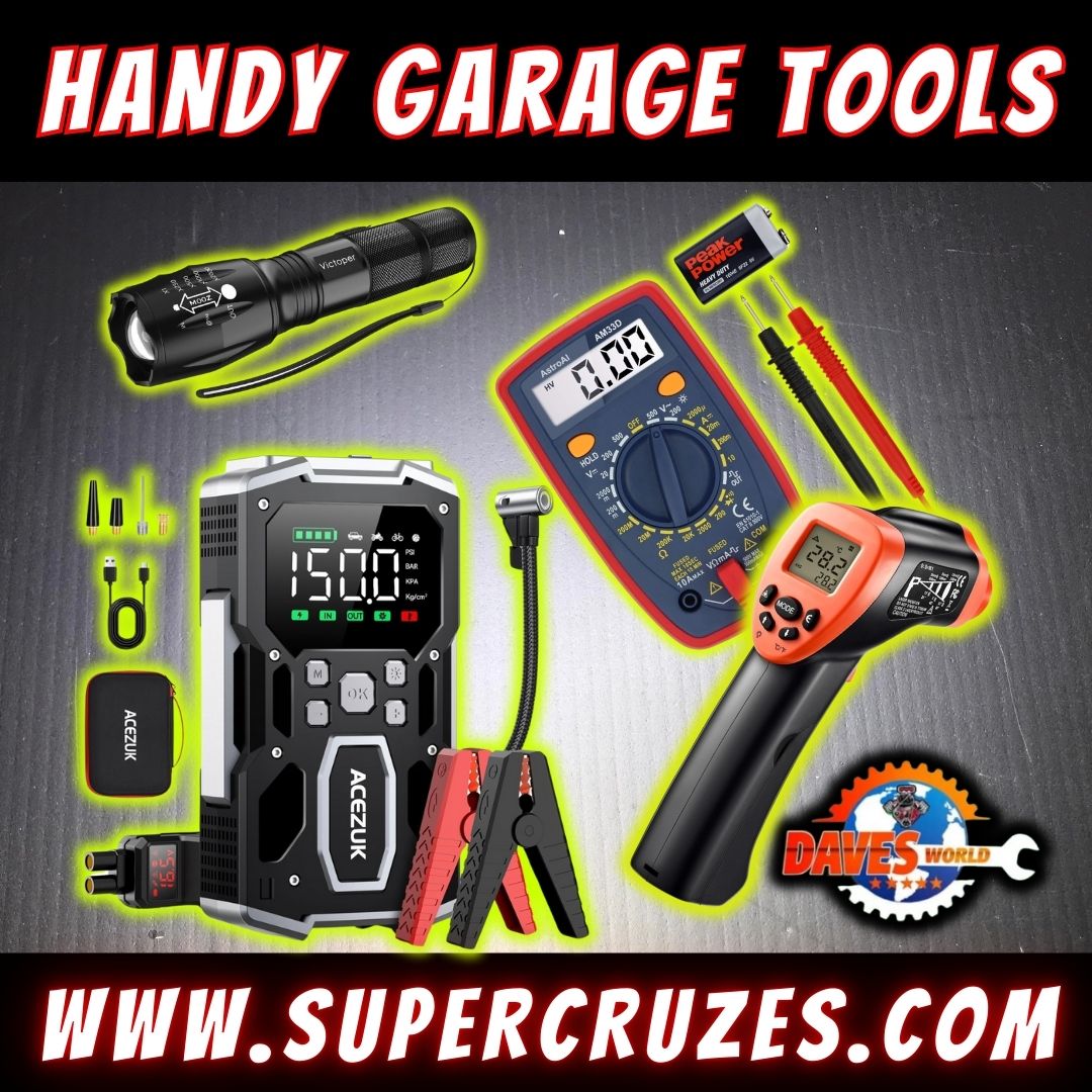 Multimeter. Jump start pack, Temperature gun, Flashlight